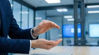 Professional businessman hands in protective gesture showing insurance coverage concept in modern corporate office environment.