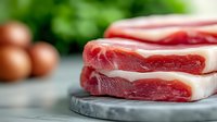 Fresh raw pork belly slices with visible fat layers on marble cutting board, brown eggs and green herbs in soft focus background. Food photography.
