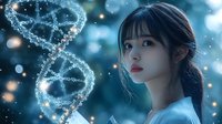 Young Asian woman with glowing DNA strand helix floating beside her against blurred blue bokeh background, magical science concept for genetics and biotechnology.