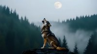 Majestic wolf howling at full moon in misty forest landscape, sitting on rocky cliff edge against foggy pine trees silhouettes in twilight atmosphere.