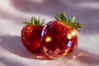 Fresh ripe strawberries with disco ball effect reflecting light and sparkles on pink background, creative food photography concept for party decoration.