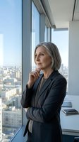 Mature woman with gray hair wearing dark blazer standing by high-rise office window overlooking cityscape, contemplative pose for corporate leadership and business professional concepts.