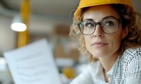 Confident female construction engineer wearing yellow hardhat and glasses reviews building plans at construction site office, displaying professional expertise.