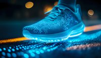 Glowing blue athletic sneaker with luminous particles and bokeh effects on dark reflective surface creates futuristic sports atmosphere.