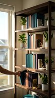 Modern wooden bookshelf with colorful books and green plants in bright home interior for contemporary living space design and organization.