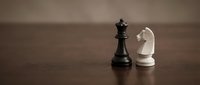 Black king and white knight chess pieces on wooden surface representing strategic thinking and game planning for business concepts.