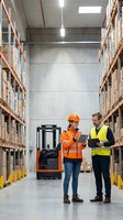 Two warehouse workers in safety gear discussing logistics with tablet and clipboard in modern distribution center with forklift and storage racks.