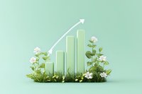 Growing bar chart with white flowers and green leaves emerging from grass on mint background, representing sustainable business growth and eco-friendly development.