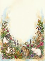 Watercolor woodland animals frame with mice, rabbits and floral border on textured paper background for greeting cards and invitations.