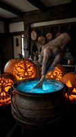 Witch stirring glowing blue potion in cauldron surrounded by carved jack-o-lanterns and hanging cookware in dark kitchen setting for Halloween celebrations and spooky themes.
