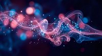 Abstract flowing energy waves with glowing particles and bokeh lights on dark background for digital art and futuristic design projects.