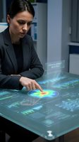 Professional businesswoman analyzing data on futuristic holographic interface with digital charts and graphs in modern office environment.