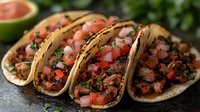 Mexican street tacos with seasoned meat, fresh diced tomatoes, chopped onions and cilantro garnish on corn tortillas, served on dark stone surface with blurred background.