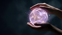 Hand holding glowing purple energy sphere with magical light particles. Concept for technology, innovation, power, future vision, and mystical energy for design projects.