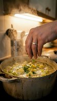 Chef hand adding fresh herbs to steaming homemade soup in rustic kitchen pot. Warm cooking atmosphere with natural lighting for culinary content.