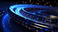 Curved glowing blue technology circuit with bokeh lights and reflective surface creating futuristic abstract pattern in dark background.