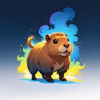 Cute cartoon capybara with glowing magical aura and colorful smoke effects on dark background, stylized character design for children books and games.