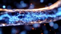 Glowing blue and orange energy waves with light particles creating dynamic motion effect against dark background, abstract technology concept visualization.