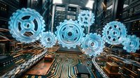 Glowing blue gears and cogs floating above circuit board with golden pathways, representing digital transformation, automation, and technology integration for industrial and business applications.