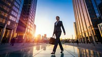Professional businesswoman walking confidently through modern urban financial district at sunset with briefcase and city skyscrapers reflecting golden light.