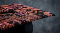 Futuristic circuit board with glowing orange pathways on dark surface. High-tech electronic components for technology and innovation concepts.