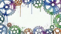 Colorful mechanical gears and cogs frame with watercolor splashes on white background for industrial design projects and engineering concepts.