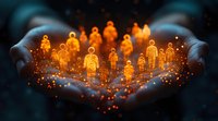 Glowing orange human figures floating above cupped hands with magical light particles, representing social connection, community and spiritual unity in dark background.