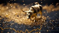 Golden bull figurine on financial chart with glowing particles, representing stock market growth and bullish trading trends in dramatic lighting.