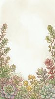 Watercolor succulent border frame with soft pastel tones, green and pink plants on cream background, copy space for text or design.