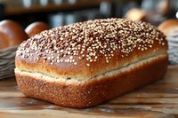 Freshly baked whole grain bread loaf topped with sesame seeds on wooden cutting board, showcasing golden brown crust and artisanal texture. Perfect for food blogs.