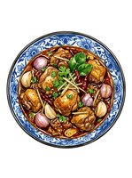 Braised chicken with mushrooms and red onions in savory sauce, served in traditional blue and white porcelain bowl, overhead view for culinary and food styling projects.