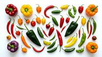 Colorful assortment of fresh peppers and chili varieties arranged on white background. Hot spicy vegetables for cooking and culinary projects.