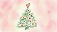 Watercolor festive tree with colorful ornaments and heart topper on soft pink background. Isolated design element suitable for holiday greeting cards, invitations, and seasonal marketing materials.