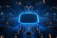 Glowing blue microchip on dark circuit board background with futuristic electronic pathways and digital connections radiating from central processor.