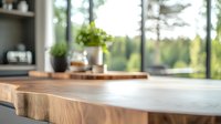 Modern wooden dining table with natural live edge in bright contemporary interior with panoramic windows overlooking forest landscape. Minimalist home decor.