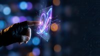 Businessman hand touching holographic growth arrow with digital network connections and bokeh lights background for financial technology concepts.
