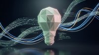 Low poly lightbulb with flowing digital data streams and glowing particles on dark background representing innovation and creative technology solutions.