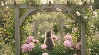 Cat sitting in wooden garden arbor surrounded by blooming pink roses in peaceful outdoor setting for home decor and nature themes.