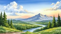 Scenic mountain landscape with winding river through green valley under cloudy sky. Nature wilderness panorama for outdoor adventure and travel concepts.