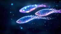 Glowing microscopic organisms in deep blue water with bioluminescent effects and sparkles creating magical underwater scene with floating plankton.