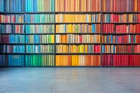 Colorful rainbow gradient bookshelf with organized books arranged by color from blue to red creating vibrant spectrum pattern against concrete floor in modern library.