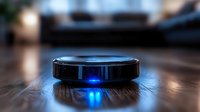 Robotic vacuum cleaner with blue LED lights glowing underneath on wooden floor, creating futuristic atmosphere in modern home interior at night.