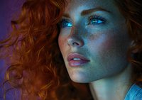 Young woman with natural red curly hair and freckles illuminated by dramatic blue lighting, looking away with parted lips in atmospheric portrait.