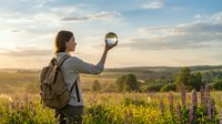 Young woman hiker holding glass sphere reflecting landscape during golden hour sunset in wildflower meadow with backpack exploring nature outdoors.