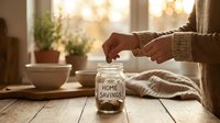 Woman in cozy sweater putting coins into home savings jar on wooden table by sunny window. Financial planning and budgeting concept for household expenses.