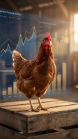 Brown hen standing on wooden platform with financial charts and upward trending graphs in blurred background, symbolizing business growth, market success, and financial performance for corporate concepts.