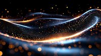 Glowing abstract wave with sparkling particles and light trails against dark background, flowing energy effect in blue and orange colors creates magical atmosphere.