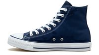 Navy canvas high-top sneaker with white laces and rubber toe cap, isolated on white background. Suitable for footwear retail, fashion design, and e-commerce product displays.