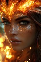Close up portrait of young woman with glowing orange fantasy makeup, sparkles and fire effects, dramatic lighting on dark background with bokeh elements.