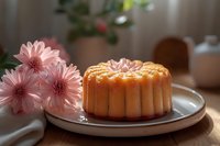 Small round bundt cake with golden crust and pink glaze on ceramic plate, accompanied by pink gerbera flowers, moody natural lighting on wooden table.